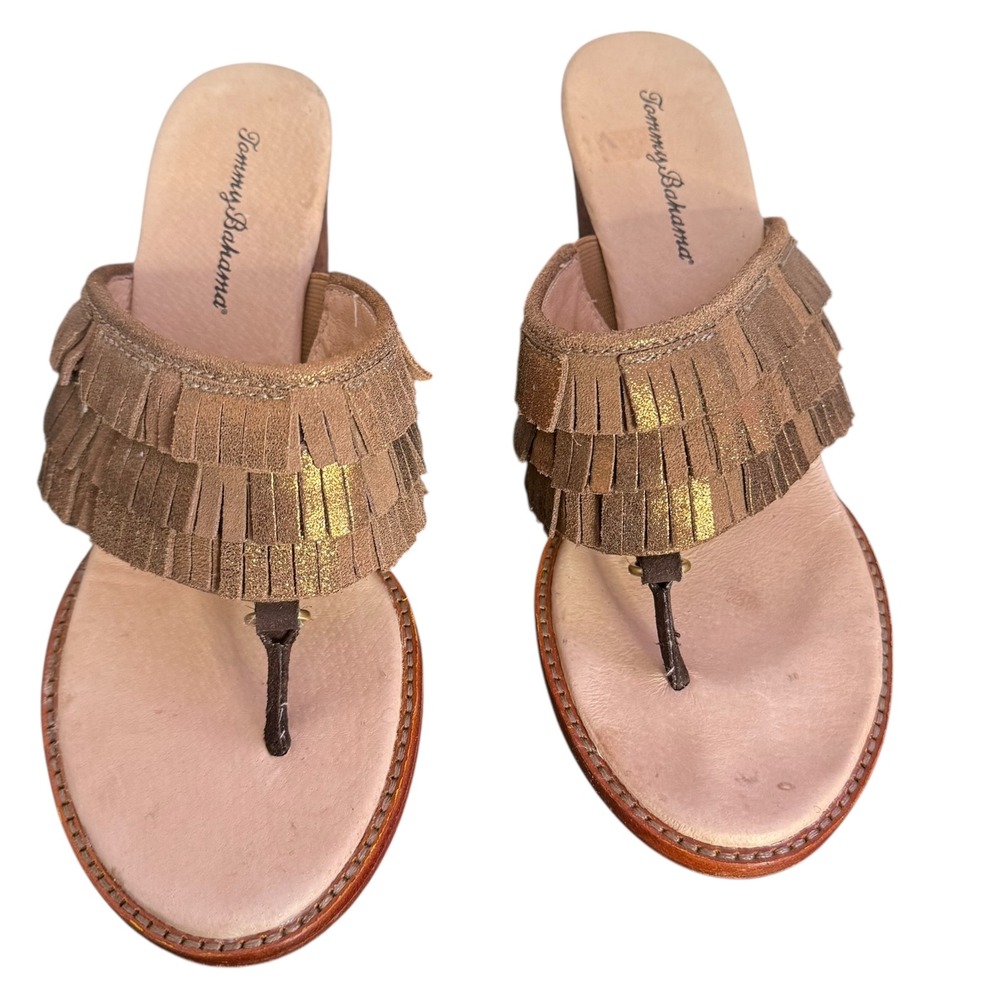 Tommy Bahama Melita Bronze Wedge Sandals 9.5 Metallic Fringe Leather BOHO Shoes